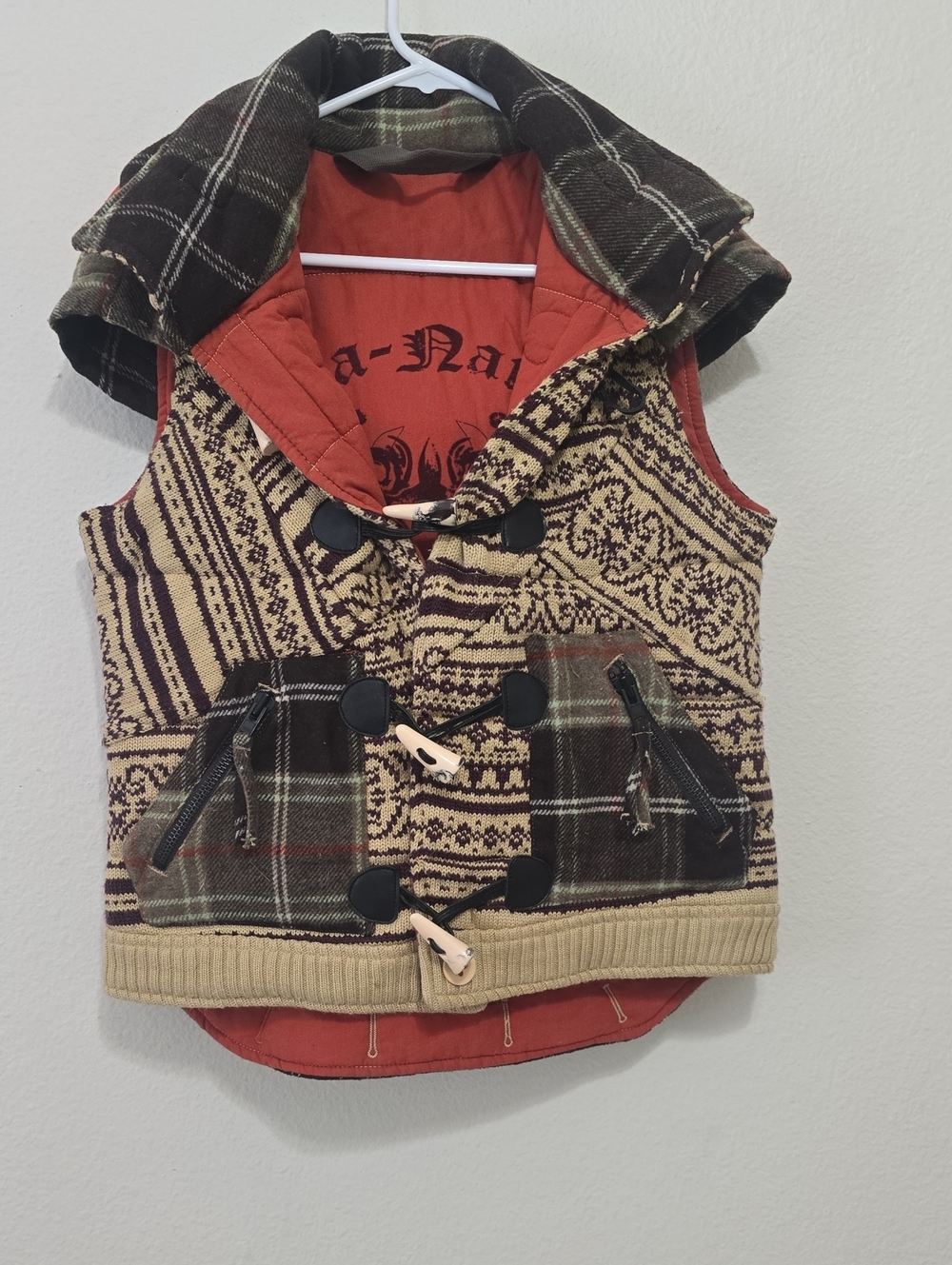 Da-Nang Brown Plaid Knit Toggle Vest with Rust Lining